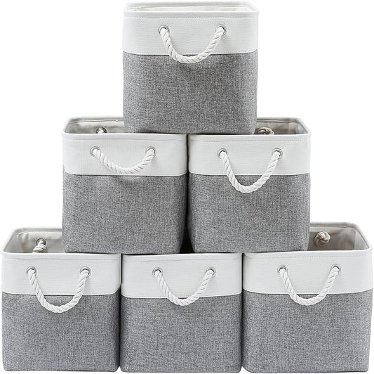 MidmmVick 13 x 13 Inch Cube Storage Bins, 6 Pack Extra Large Collapsible Fabric Storage Bin with Ropes, Foldable Storage Cubes for Home (White & Grey-13"x13"x13")