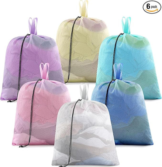 6 Pack 20 x 17 Inches Colorful Soft Mesh Laundry Bag with Handles Machine Washable Secure Drawstring Closure Large Sturdy Mesh Net Laundry for College Travel Dorm Laundromat