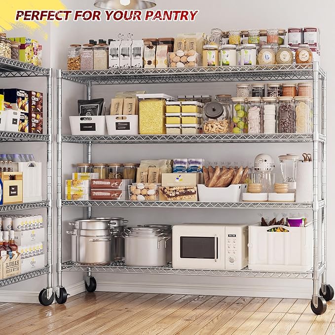 REIBII 55.5''W Storage Shelves 2500LBS Wire Shelving Unit with Wheels Heavy Duty Metal Shelves for Storage Adjustable Garage Storage Rack Pantry Shelf Kitchen Shelving, 75.6" H X 55.5''W X 24" D, 3PCS