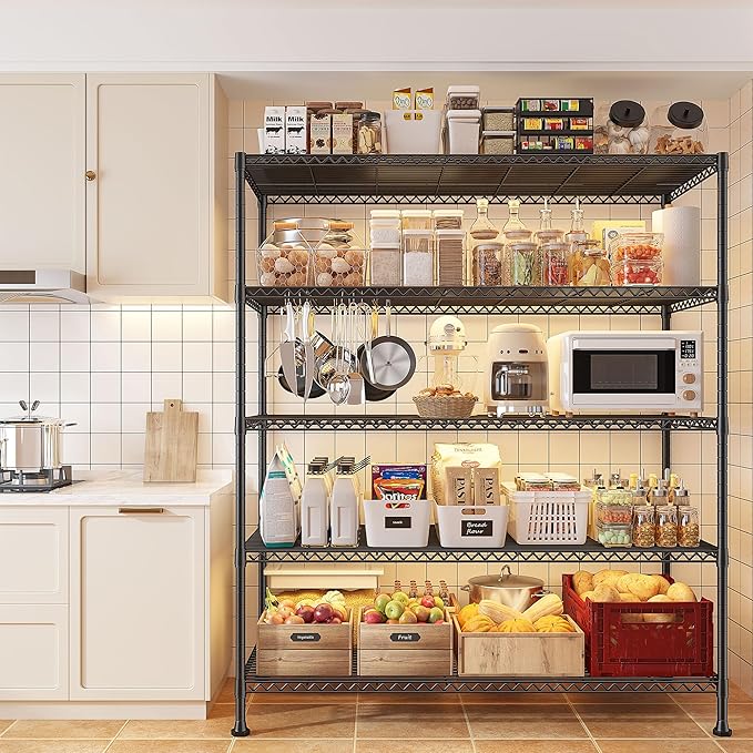REIBII 45.8" W Storage Shelves, Heavy Duty 5-Tier Wire Shelving Unit, Adjustable Metal Shelving for Pantry Kitchen Supermarket Commercial Stockroom Restaurant, Tool-Free Assembly, Black