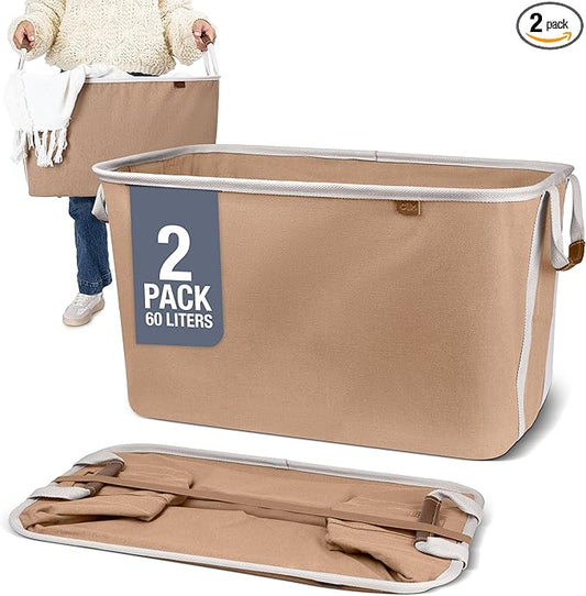 CleverMade Collapsible Laundry Basket LUXE 2 Pack – 60L (16 Gal) Foldable Cotton Blend Clothes Hamper with Vegan Leather Accents, Reinforced Handles, Space Saving Laundry Bin Holds 55 lbs - Mocha