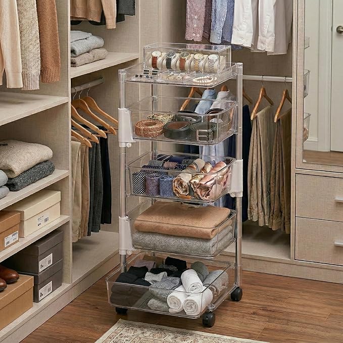 OnDisplay 360° Rotating Clear Storage Trolley – Multi-Tier Rolling Acrylic Utility Cart for Vanity, Craft Room, Pantry, Office & Bathroom – Mobile Multipurpose Organizer Rack for Makeup, Kitchen,