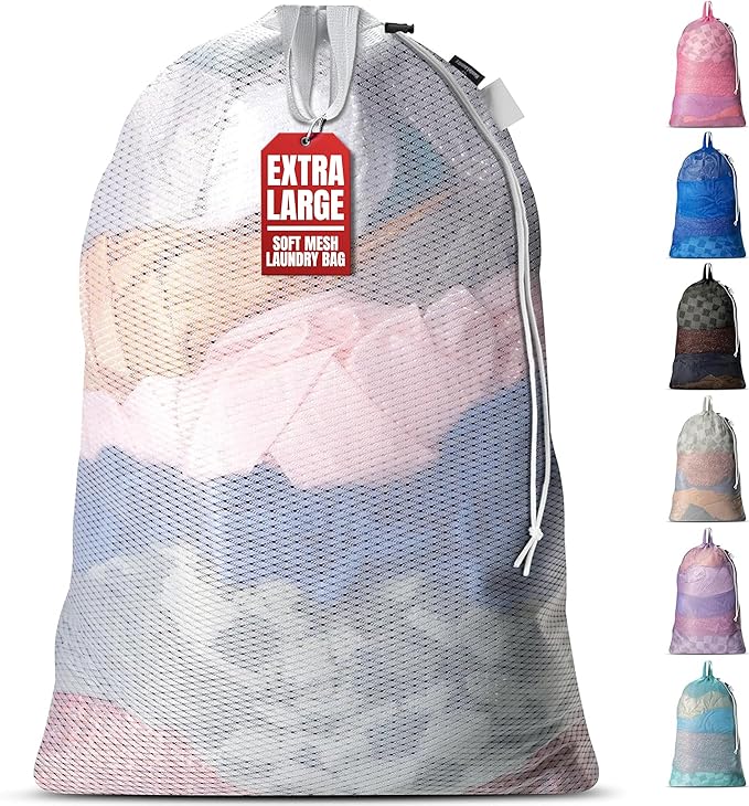 Handy Laundry Mesh Laundry Bag 24 x 36 Inches - Extra Large Heavy Duty Bag with Handles & Shoulder Strap, Breathable, Machine Washable for Dorm, Travel, Bedding & Storage - White