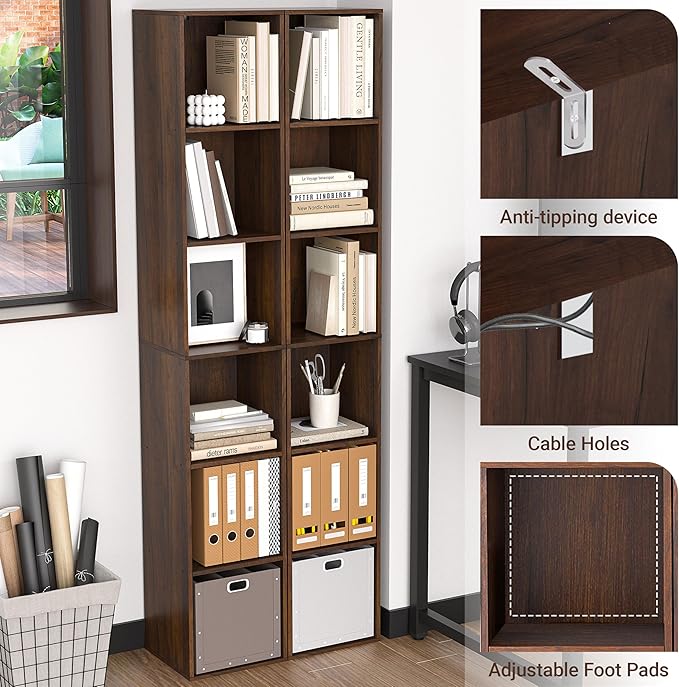 6 Cube Storage Organizer, Narrow Open Shelf Bookcase, Freestanding 6 Tier Low Display Bookshelf for Home Office, Living Room, Bedroom, Dark Brown & Black Walnut