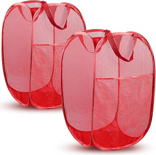 DUCOO Pop Up Laundry Hamper, 70L Collapsible Mesh Laundry Basket with Side Pocket, Foldable Dirty Clothes Hamper with Sturdy Reinforced Handles for Home Dorm Bedroom Travel Storage, Red, 2Pack
