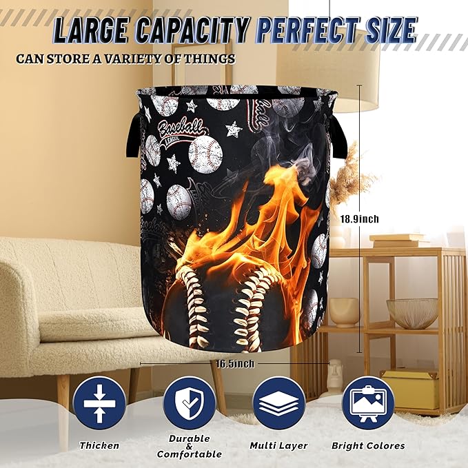 Foldable Funny Baseball Laundry Basket Sports Print Laundry Hamper With Handle Portable Oxford Cloth Clothes Storage Basket Laundry Bag 18.9"x16.5" For Laundry Room/Bedroom/Bathrooms