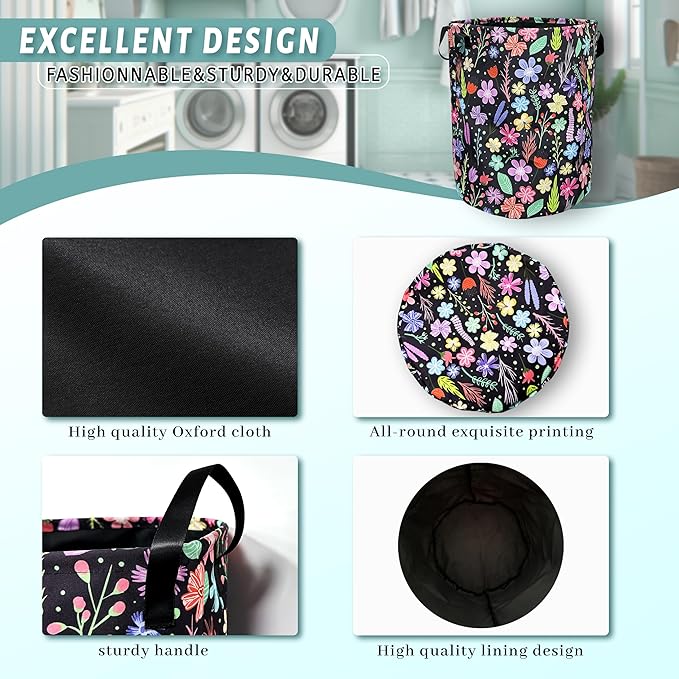 Colorful Flowers Laundry Basket Foldable With Handles Floral Tote Bag Oxford Cloth Universal Laundry Hamper Clothes Storage Bucket Toy Organizer 18.9" x 16.5" For Bathroom/Laundry/Bedroom