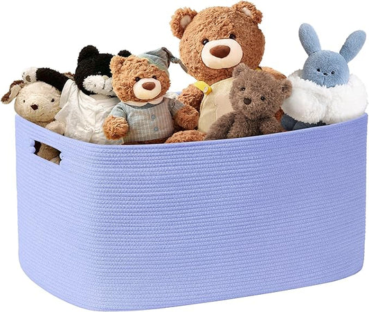 60L Small Baby Girls Laundry Basket for Nursery Storage,Cute Woven cotton Rope Baskets for Kids Toy，Gifts, Boho Square Wicker Blanket hamper for Living Room,Bedroom Dirty Clothes,Blue Purple