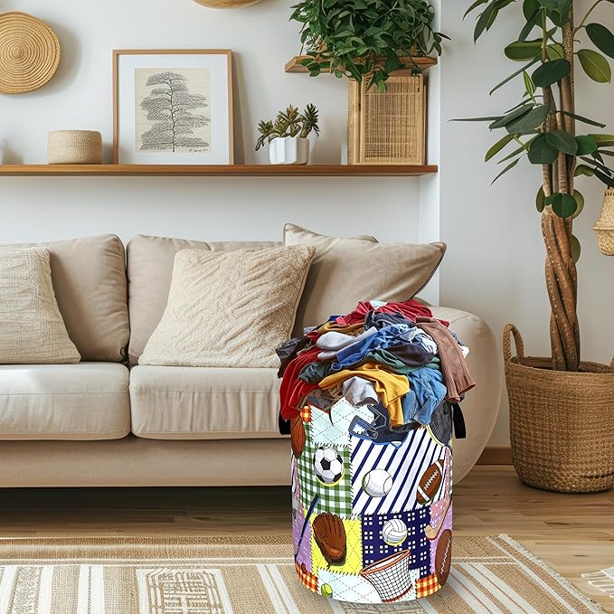 Colorful Balls Sports Laundry Basket Foldable Ball Games Laundry Hamper With Handle Portable Oxford Cloth Clothes Storage Basket Funny Laundry Bag 18.9"x16.5" For Laundry Room/Bedroom/Bathrooms