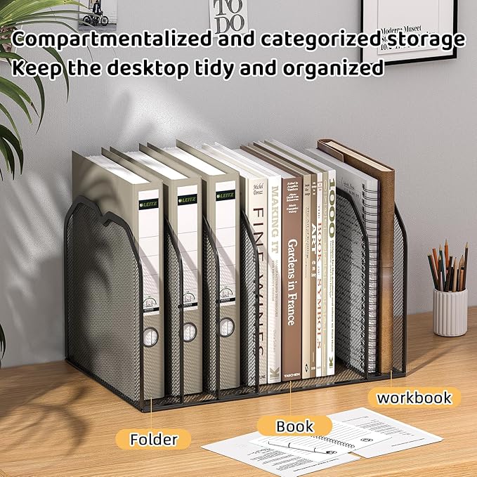 FANXIYQ Black 7-Section File Folder Organizer for Desk – Metal Vertical File Holder, Desktop File Organizer Vertical Stand, Letter/A4 Folder Rack, Upright File Sorter, Office Paper Organizer