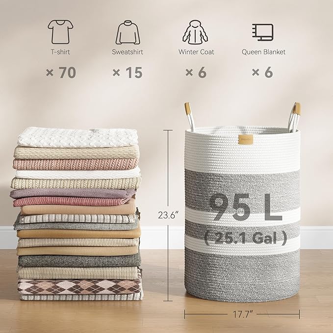 Nunsino 95L Striped Laundry Hamper with Leather Handles,Large Foldable Laundry Basket for Clothes,Cotton Rope Storage Bin for Blankets,Woven Clothes Basket for Bedroom,Gray Stripes
