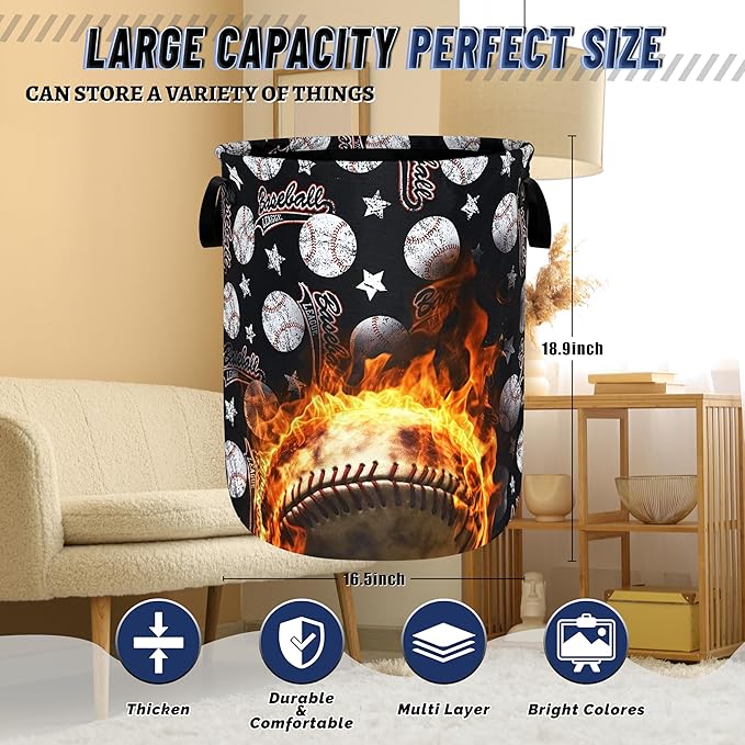 Baseball Laundry Basket Foldable Sports Print Laundry Hamper With Handle Portable Oxford Cloth Clothes Storage Basket Funny Laundry Bag 18.9"x16.5" For Laundry Room/Bedroom/Bathrooms