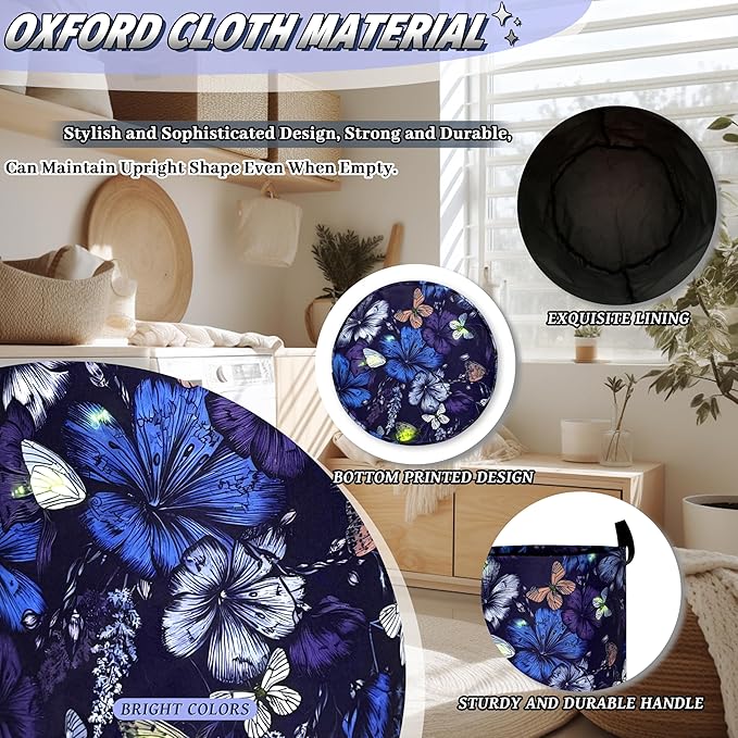 Butterfly Laundry Basket Foldable Purple Blue Butterflies Laundry Hamper With Handle Portable Oxford Cloth Clothes Storage Basket Colorful Laundry Bag 18.9"x16.5" For Laundry Room/Bedroom/Bathrooms