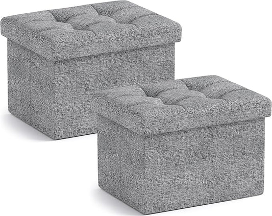 Ornavo Home Small Storage Ottoman, Set of 2, Foldable Collapsible Rectangle Linen Ottoman Foot Rest Stool Seat, for Living Room, Bedroom, Home Office, Dorm - 12 x 16 x 12, Gray