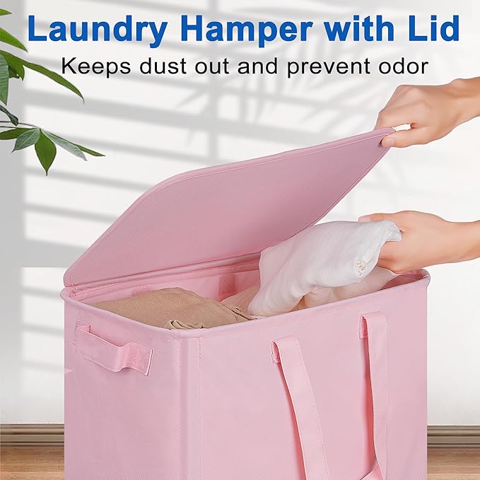 Vincona Slim Laundry Hamper with Lid and Wheels, Small Rolling Laundry Basket with Handle for Small Spaces, Tall Dirty Clothes Hampers for Dorm, Bathroom and Bedroom, 75L, Pink