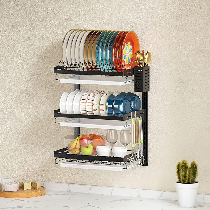 PUSDON 3 Tier Wall Mounted Dish Drying Rack, Black Rustproof Hanging Dish Drainer Organizer with Utensil Holder & Removable Drainboards, Adjustable Heavy Duty Kitchen Space Saver
