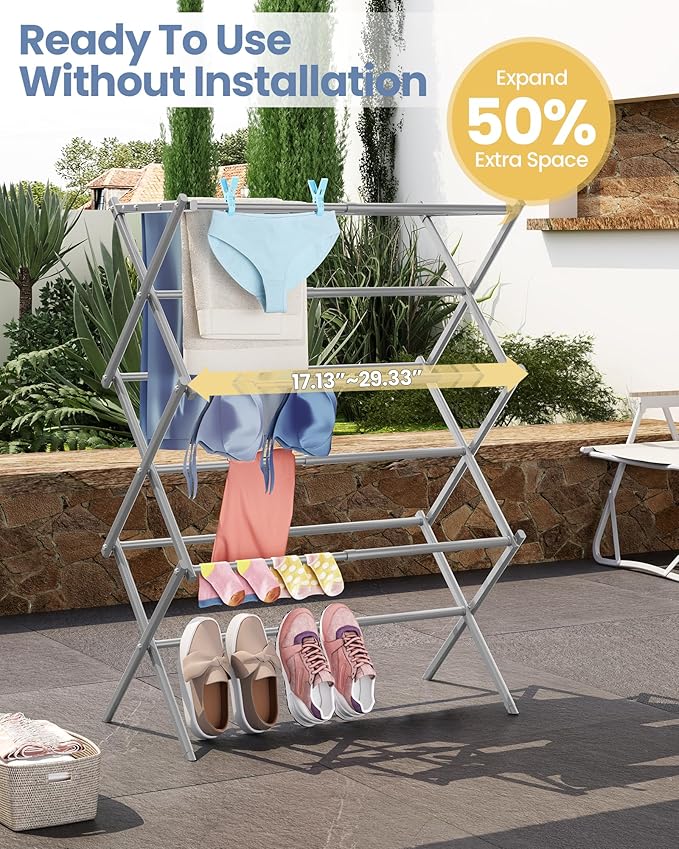 APEXCHASER Clothes Drying Rack, 3-Tier Laundry Drying Rack for Clothes, Expandable Metal Clothing Dryer, Collapsible Towel Rack, Air Drying Rack, Grey