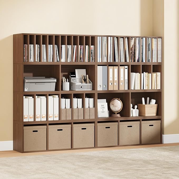 IOTXY DIY Modular Cube Bookcase - CubeXY Customizable Stackable Expandable Combination Set, 23-Cube Open Bookshelf for Books, Fabric Storage Bin, and 7/10-inch Vinyl Record Organizer, Walnut
