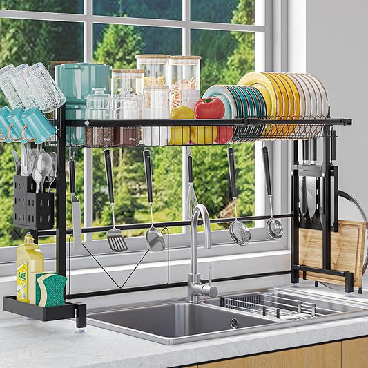 Over the Sink Dish Drying Drainer Rack - Height & Width Adjustable Large Capacity Stainless Steel Kitchen Storage Organization Plate Strainers Above Kitchen Counter (W24.4-38.2" ~ H17.7-22.1" Black)