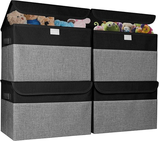 Bagnizer Large 22 Quart Linen Fabric Foldable Storage Bin Cube Organizer Basket with Flip-Top Lid & Handles, Clothes Blanket Box for Home, Office, Closet, Black & Gray, 4 Pack 14.6 x 9.5 x 9.5