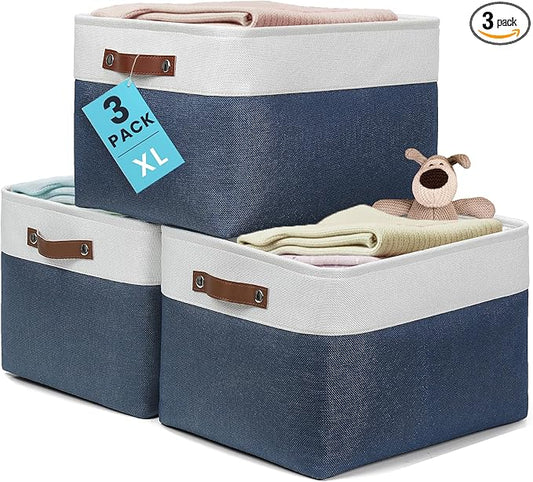 OrganiHaus Extra Large Fabric Storage Baskets for Shelves 3 Pack, 16x13in Closet Storage Bins, Canvas Baskets for Organizing, Linen Closet Organizers, Cloth Basket, Navy Blue/Off-White