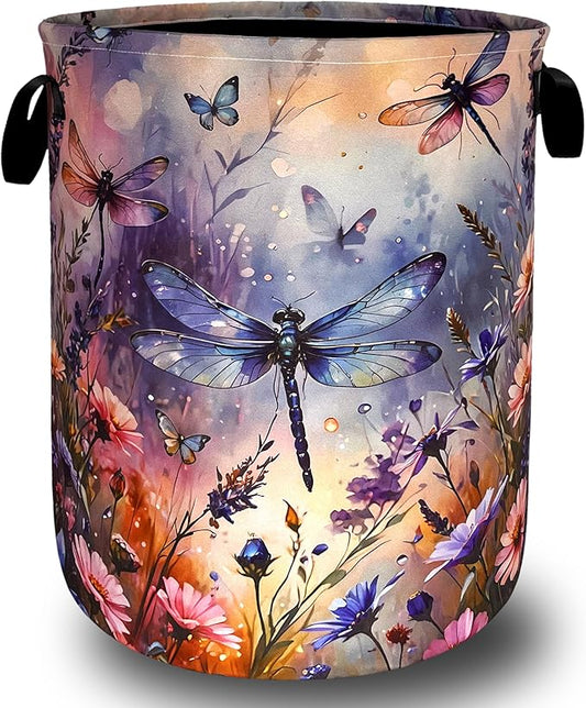 Colorful Dragonfly and Floral Laundry Basket Foldable Wild Flowers Laundry Hamper With Handle Oxford Cloth Portable Clothes Storage Basket Laundry Bag 18.9"x16.5" For Laundry Room/Bedroom/Bathrooms