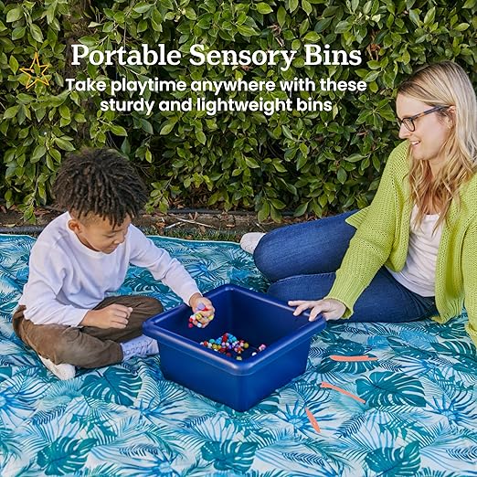 ECR4Kids Stackable Square Bins with Non-Snap Lids, Multipurpose Organization, Navy, 4-Pack