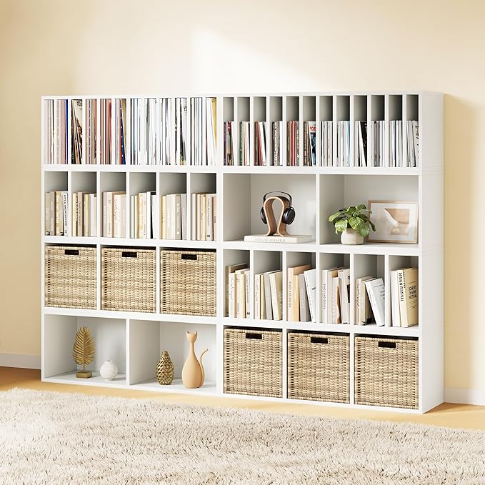 IOTXY DIY Modular Cube Bookcase - CubeXY Customizable Stackable Expandable Combination Set, 23-Cube Open Bookshelf for Books, Fabric Storage Bin, and 7/10-inch Vinyl Record Organizer, White