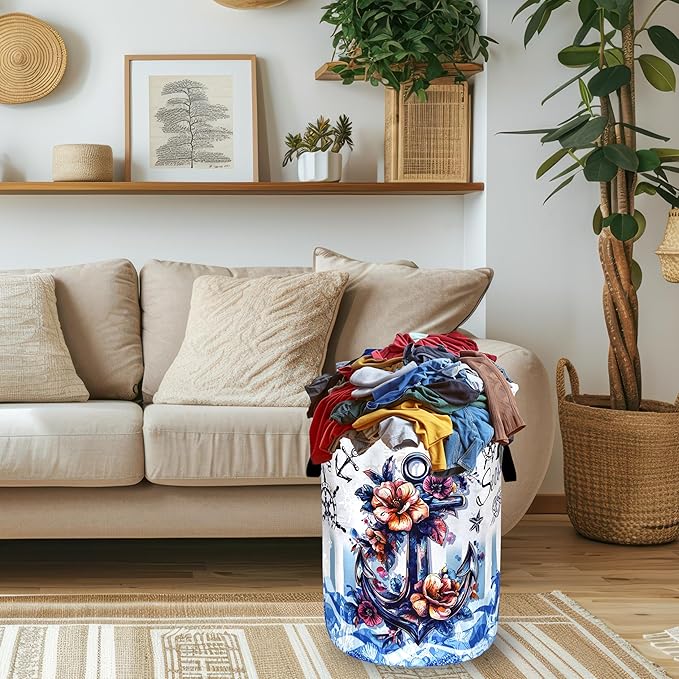 Anchor Laundry Basket Foldable Blue Nautical Flowers Laundry Hamper With Handle Portable Oxford Cloth Clothes Storage Basket Laundry Bag 18.9"x16.5" For Laundry Room/Bedroom/Bathrooms