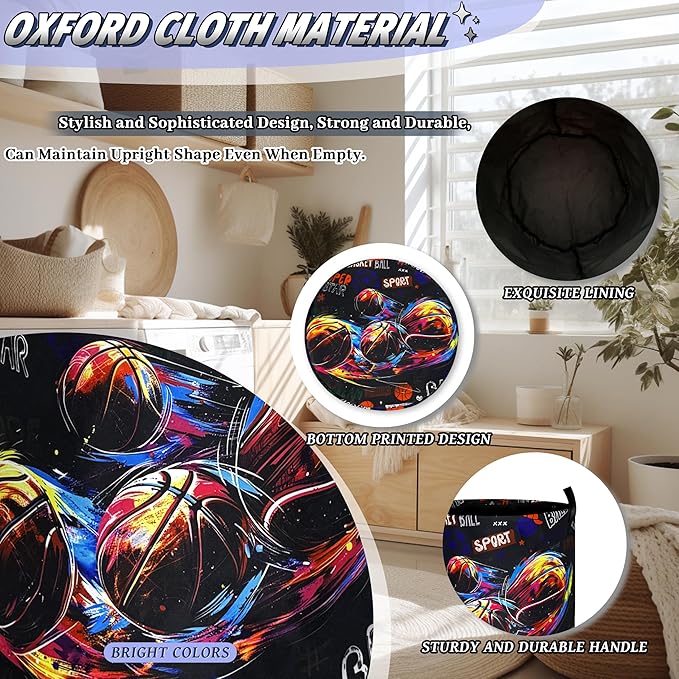 Basketball Graffiti Laundry Basket Foldable Funny Sports Laundry Hamper With Handle Portable Oxford Cloth Clothes Storage Basket Laundry Bag 18.9"x16.5" For Laundry Room/Bedroom/Bathrooms