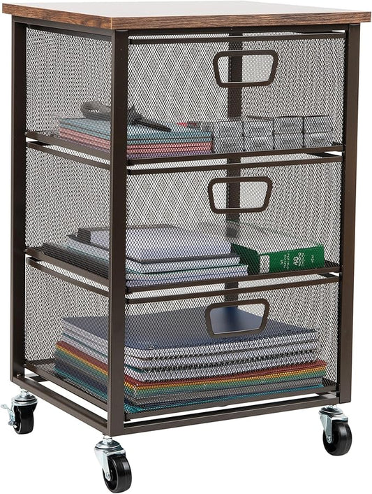 Mind Reader 3 Drawer Storage Organizer with Wood Top, Rolling Office Organizer Cabinet with Wheels, Office, Metal Mesh, Black