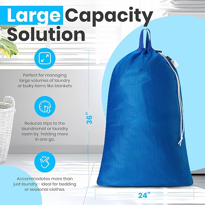 Handy Laundry Mesh Laundry Bag 24 x 36 Inches - Extra Large Heavy Duty Bag with Handles & Shoulder Strap, Breathable, Machine Washable for Dorm, Travel, Bedding & Storage - Blue