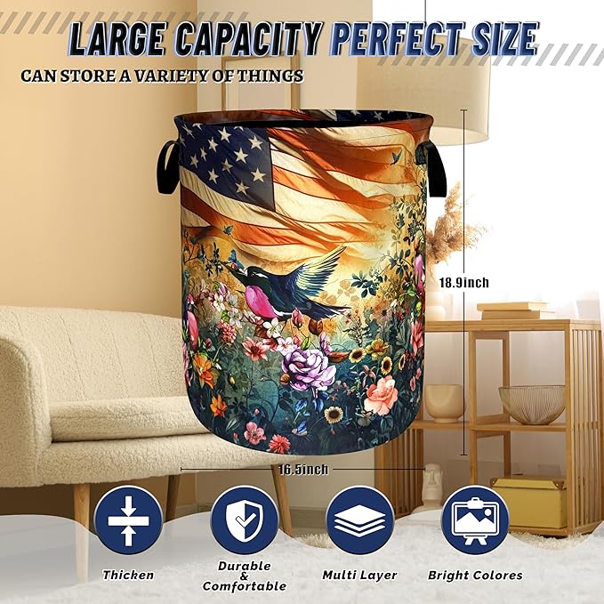 American Flag Garden Birds Laundry Basket Foldable Bird Laundry Hamper With Handle Portable Oxford Cloth Clothes Storage Basket Laundry Bag 18.9"x16.5" For Laundry Room/Bedroom/Bathrooms