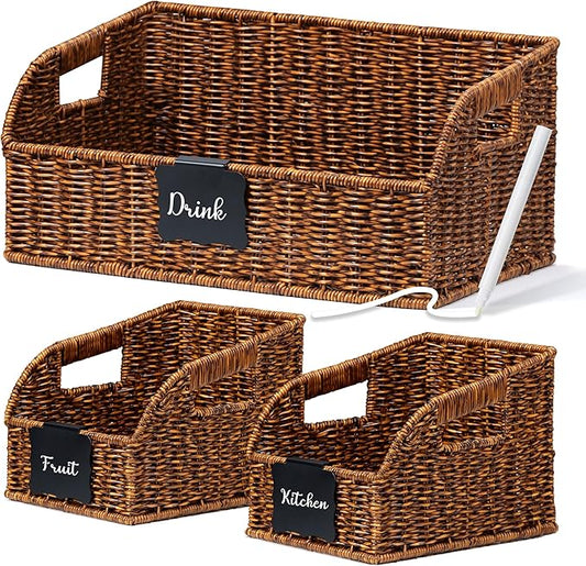 Pantry Organizers, Handwoven Large Wicker Baskets for Shelves, Labeled Storage Baskets for Organizing with Handles - Waterproof Plastic Storage Bins, Boho Decorative, 3Pack, Brown