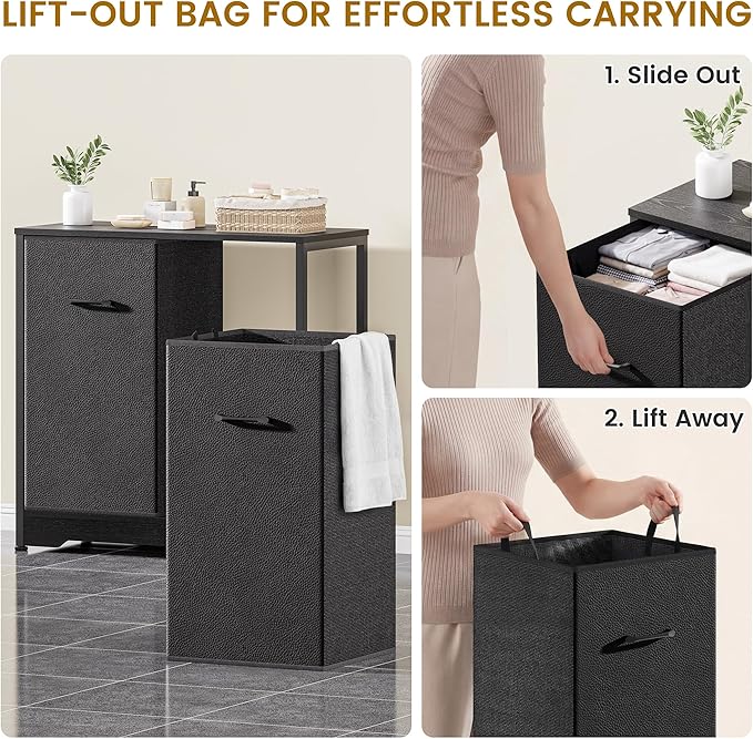 Pull-Out Laundry Sorter Cabinet With Removable Bags, Laundry Basket, 140L (2x70L) Laundry Hamper 2 Section For Organized Bedroom, Laundry Room, Black