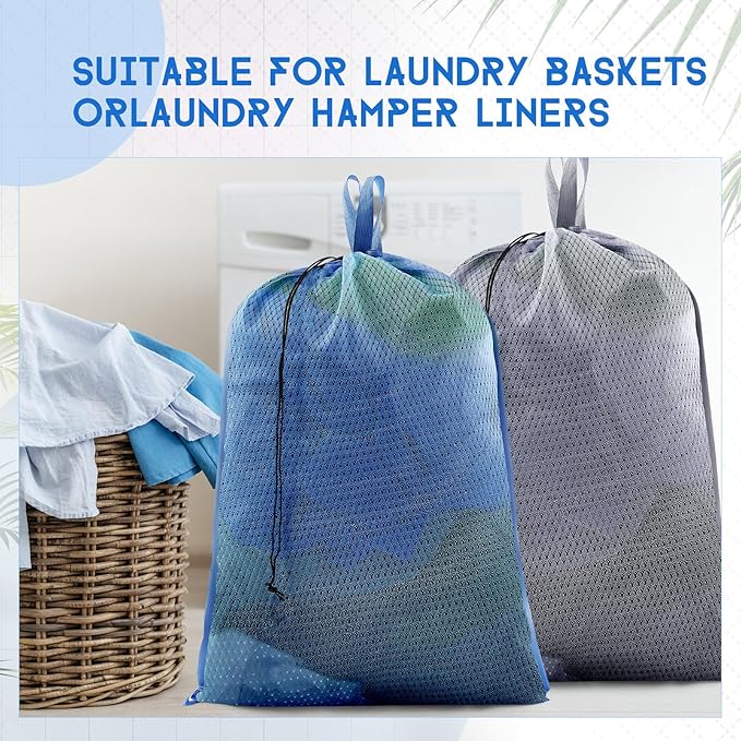 6 Pack 24 x 36 Inches Blue Soft Mesh Laundry Bag with Handles Machine Washable Secure Drawstring Closure Large Sturdy Mesh Net Laundry for College Travel Dorm Laundromat