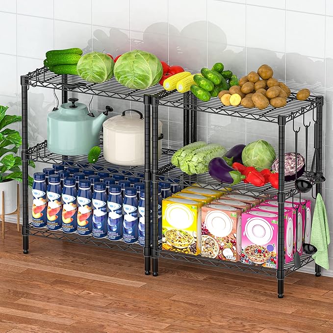 Storage Shelves Garage Wire Shelving 3 Tier Metal Wire Steel Rack Shelving Units Organizer Adjustable Utility Shelf Commercial Shelf for Kitchen Garage Pantry Laundry