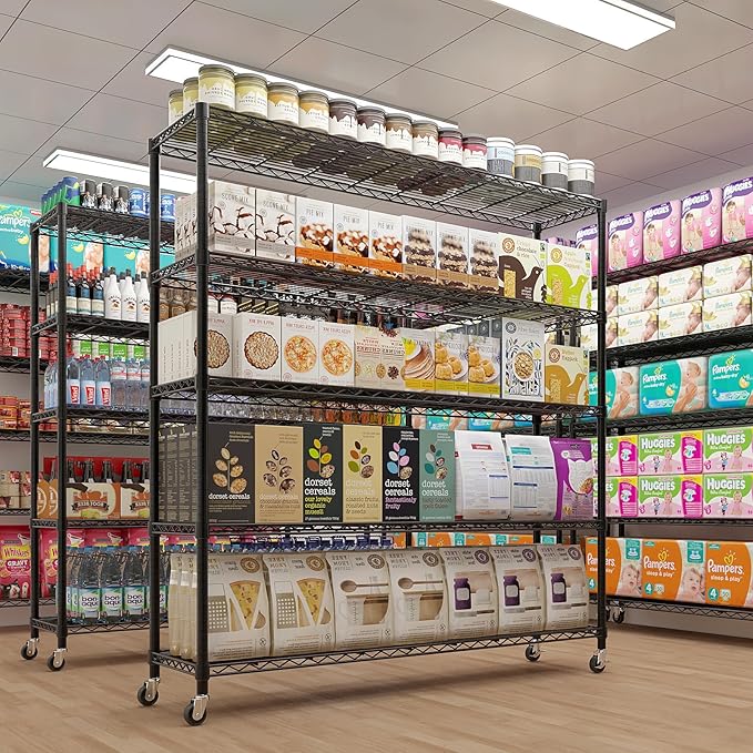 5 Tier Storage Racks Shelving, Heavy Steel Pantry Shelves, Adjustable Wire Shelving Rack with Wheels, Suitable for Garage, Kitchen, Bathroom, Office, 35" W x 14" D x 65" H, Black