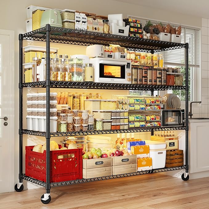 REIBII 60''W Storage Shelves 2399LBS Metal Shelving Unit with Wheels & Feet, 4 Tier Garage Shelving Heavy Duty Adjustable Wire Shelf for Pantry Kitchen Garage, 60" W x 17.7" D x 65.5" H, 2 Pack