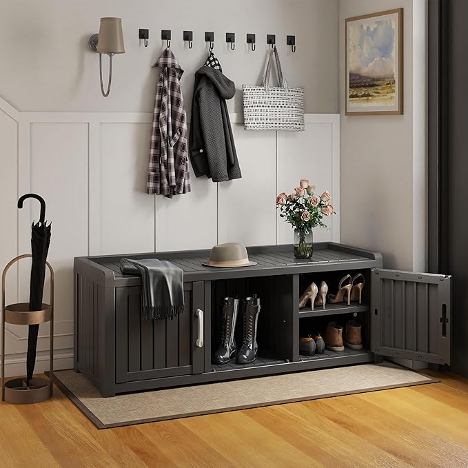 EasyUp Shoe Bench Waterproof,Resin Shoe Cabinet,Outdoor Storage,Industrial Hallway Bench with Adjustable Shelves for Entryway,Living Room,Bedroom(Deep Black,Two-Door)
