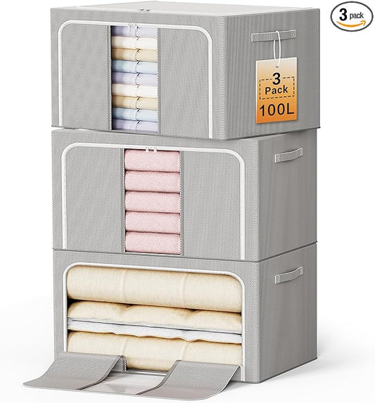 Clothes Storage Bins with Metal Frame Foldable Storage Box Clothes Organizers Storage Containers for Clothes Sheets Blankets Books Toys Gifts and Holiday Decorations (100Lx3 Pack)