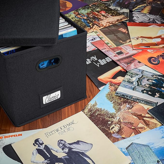ZICOTO Decorative Vinyl Record Storage Box for 50+ Single Records - Sturdy and Easy to Carry LP Holder with Lid - The Perfect Storage Crate for Your Valuable Album Collection