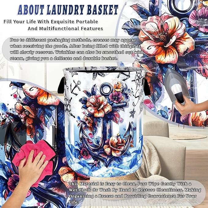 Anchor Laundry Basket Foldable Blue Nautical Flowers Laundry Hamper With Handle Portable Oxford Cloth Clothes Storage Basket Laundry Bag 18.9"x16.5" For Laundry Room/Bedroom/Bathrooms
