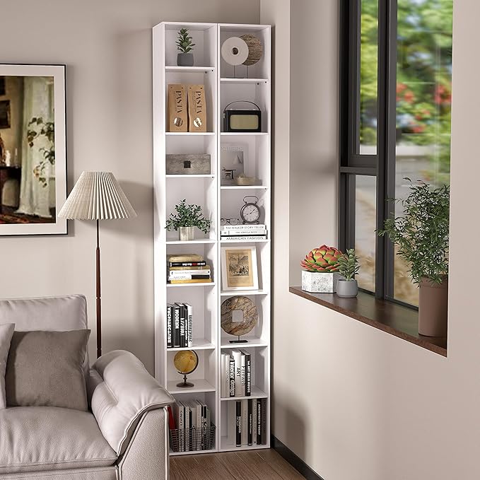 8-Cube Storage Organizer Bookcase, White, Tall Narrow Bookshelf for Home Office (White)
