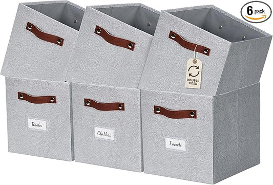 DECOMOMO Storage Bins, Cube Storage Bin with Labels, Fabric Storage Cubes for Shelves (11" / 6pcs, Light Texture Grey)