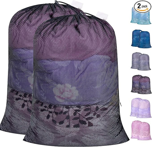 Polecasa Extra Heavy Duty Large Diamond Mesh Laundry Bags with Drawstring Closure & ID Tag, 2 Pack 24 x 36 inches Washable Storage Bag for College, Travel, Sports, Dorms, Black
