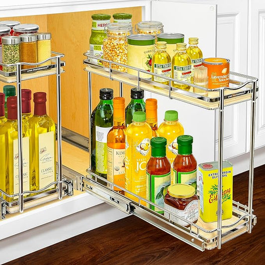 LYNK PROFESSIONAL® Élite™ Pull Out Spice Rack Organizer for Inside Kitchen Cabinets - 6" x 21" - Slide Out Drawer – Wood/Chrome Sliding Spice Organization for cabinet - Spice Racks - 2 Tier