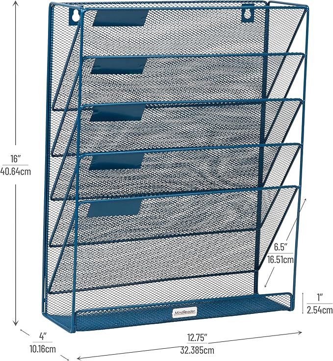 Mind Reader 5-Pocket Vertical File Storage, Desktop Organizer, Wall Mount, Office, Metal Mesh, Turquoise