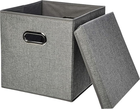Amazon Basics Foldable Burlap Cloth Cube Storage Bins with Lid, Collapsible Organizing Containers, Stackable and Sturdy, Gray, Set of 2