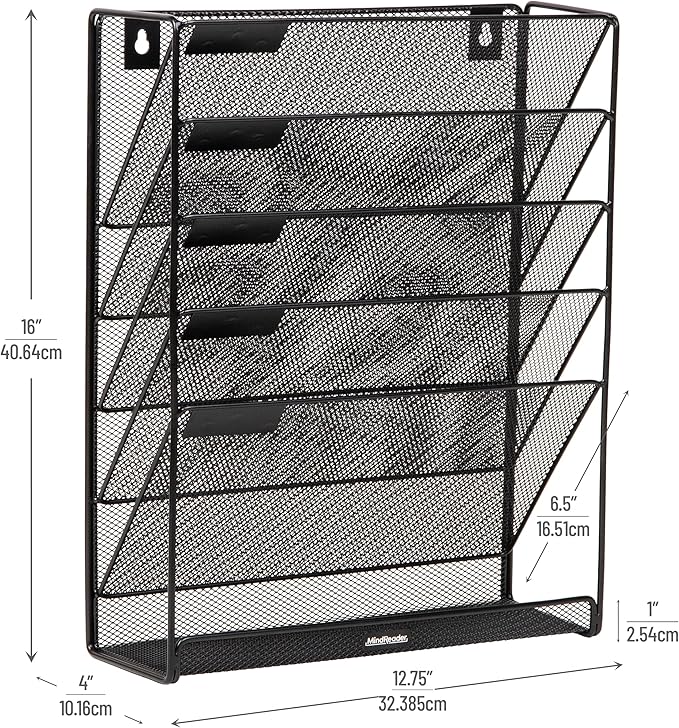 Mind Reader 5-Pocket Vertical File Storage, Desktop Organizer, Wall Mount, Office, Metal Mesh, Black